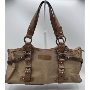 XOXO Tan Canvas & Brown Leather Shoulder Bag Studded Hardware Zip Top